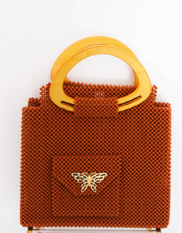 Brown Beaded Tote with Wooden Handles