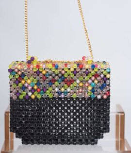 Black Crystal Beaded Bag with Colored Beaded Flap