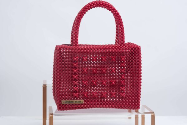 Red Beaded Tote with bucket handle Bag