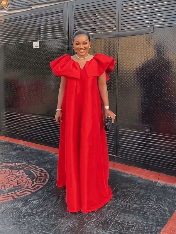 Red Ruffle Trim Solid Dress