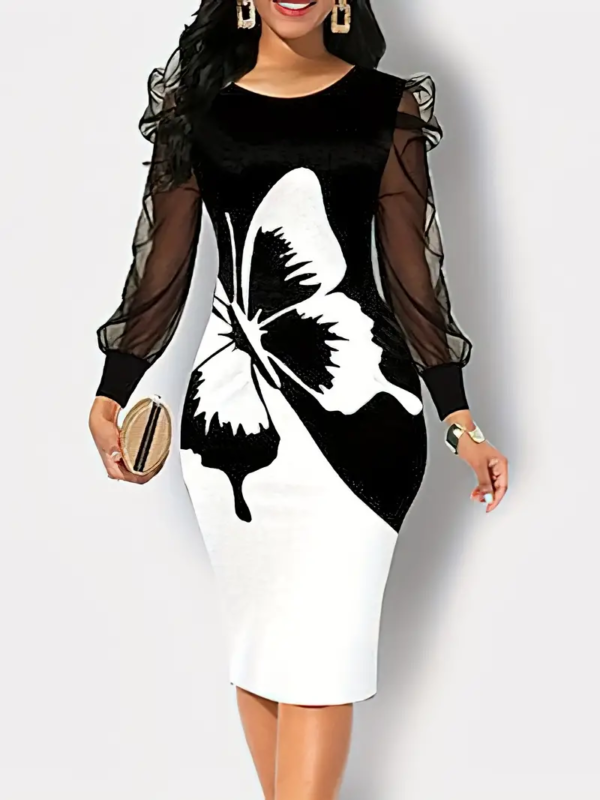 Butterfly Print Contrast Mesh Dress